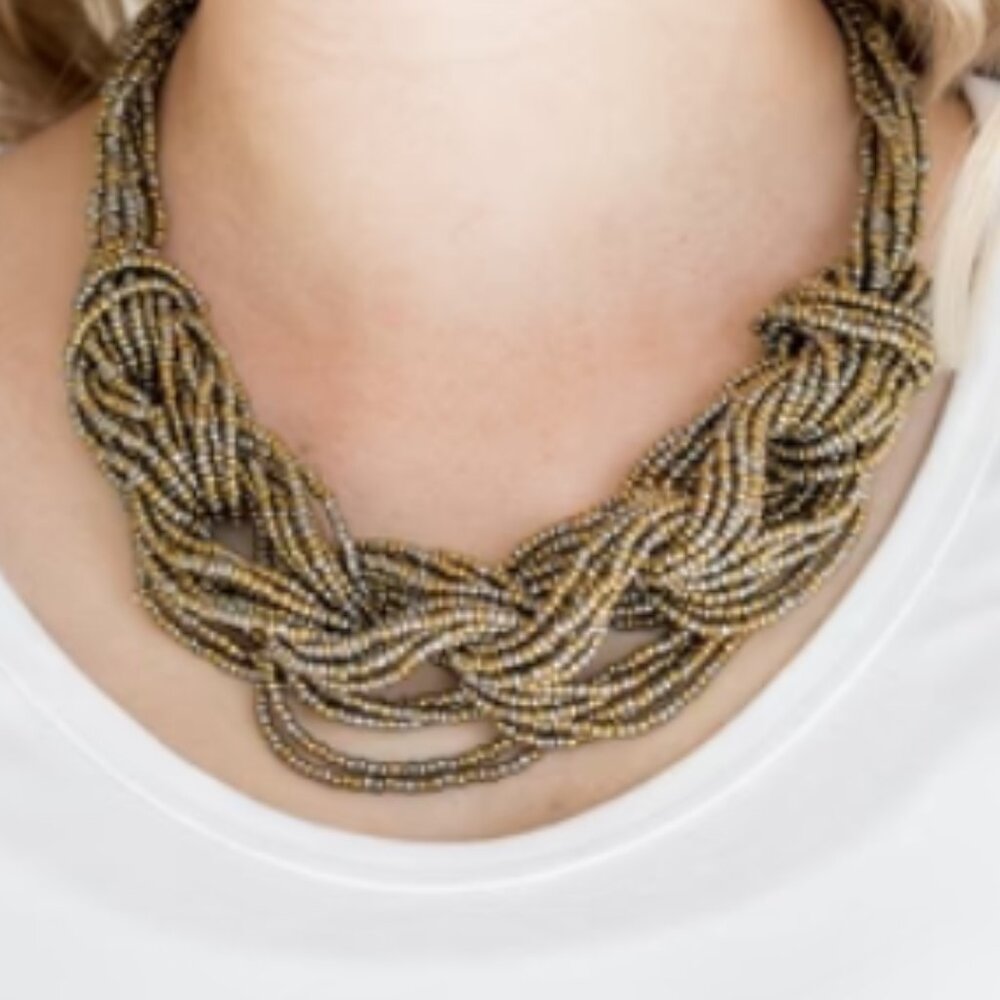 Bold Brass & Gunmetal Seed Bead Braided Statement Necklace with Matching Earring